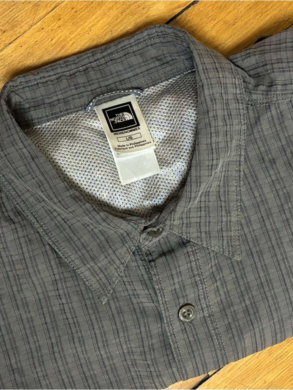 The North Face Grey Plaid Short-Sleeve Button Shirt with Red Logo Tab